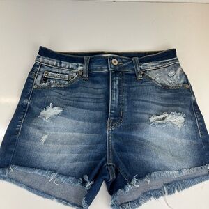 Kancan Distressed Jean Shorts Womens Sz S Medium Wash Blue Denim Frayed Raw Hem